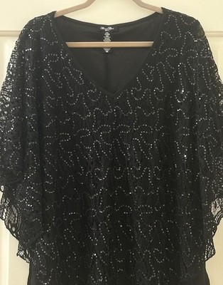 1X/2X New SPARKLE Jet Black Lace Sequins Poncho Tank Top Combo Tee Shirt Blouse