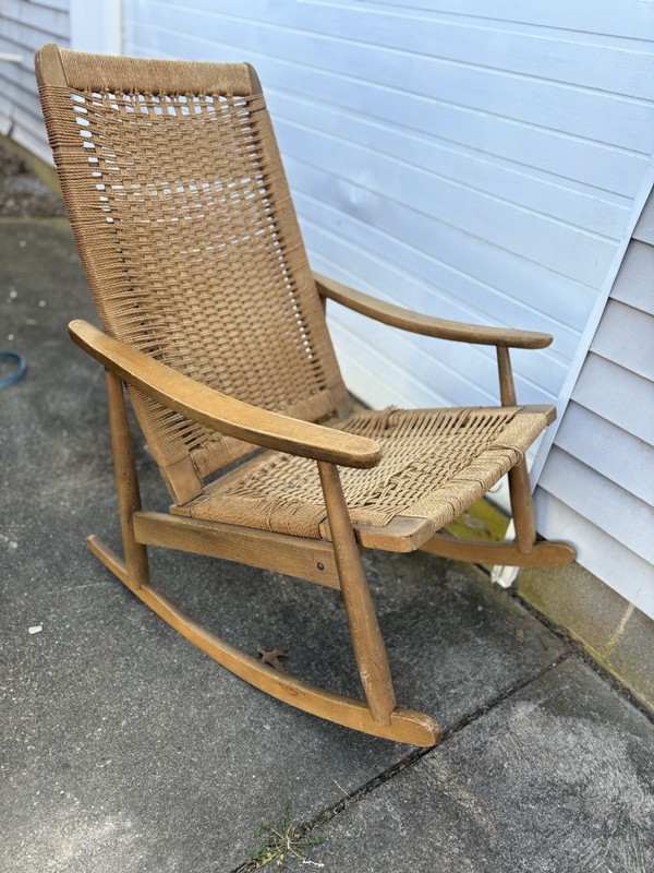 Rare Mid Century Danish Modern Hans Wegner Style Corded Rope Rocking Chair 1970s