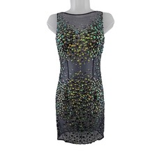 Mac Duggal Dress Womens 0 Black Rhinestone Sequin Mesh Sheer Bodycon Mini Party