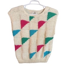 Vintage Forindi Geometric Triangle Knit Sweater Vest Cream Pink Teal Large