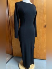 CAROLE LITTLE Vintage 90 s Elegant Black Long-Sleeve Midi Dress with Front Slit