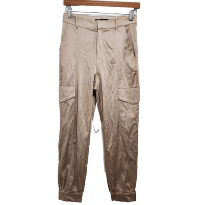 Zara Satin Tapered Leg Cargo Pants Pockets Snap Hem Cuff Stretch Beige Size S