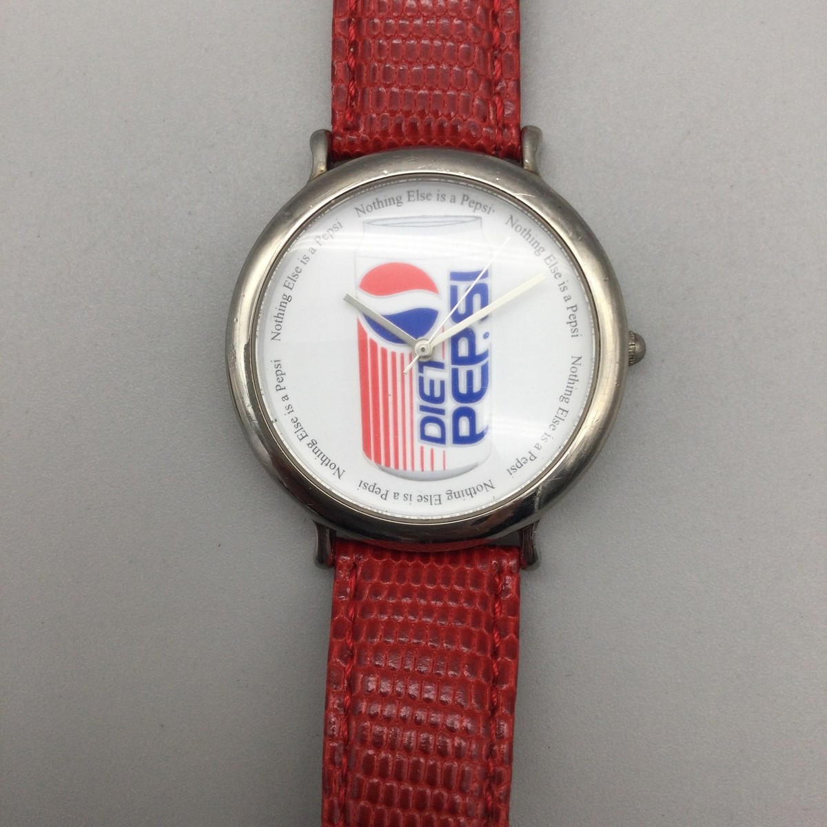 Pepsi Diet Pepsi Mens Watch 38mm White Logo Dial Red Leather Strap