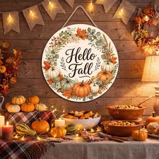 Hello Fall Wreath Front Door Decor Rustic Wooden Pumpkin Autumn Thanksgiving...