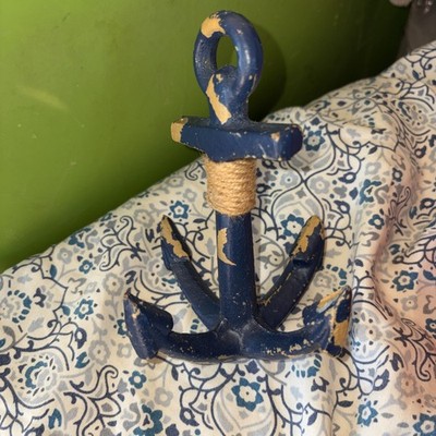 Nautical Blue Anchor Metal w/ Rope Rustic Beach Sea Décor  6  Tall Heavy