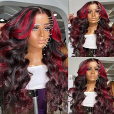 JPIKAQIU Red Highlight Synthetic Lace Front Wig 24 Inch Body Wave Hair Black Mix
