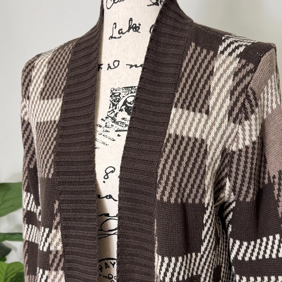 EIGHT EIGHT EIGHT Brown and Cream Plaid Houndstooth Open Front Cotton Cardigan M - Image 2 of 4