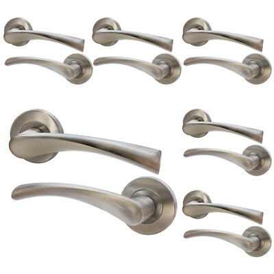 Innentürgriff Nickel Satin, 6 Paar Hebel auf Rose rund gebogene Griffe
