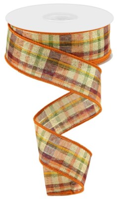 Woven Plaid w/Metallic Thread Ribbon, Bgdy/Org/Crm/Grn/Ylw, Wired, 1.5'' W x 10 Y