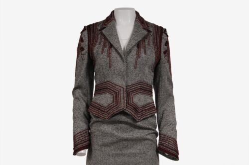 Badgley Mischka Embroidered Jacket Skirt Suit US 6 Black White Red Wool Vintage - Picture 3 of 12