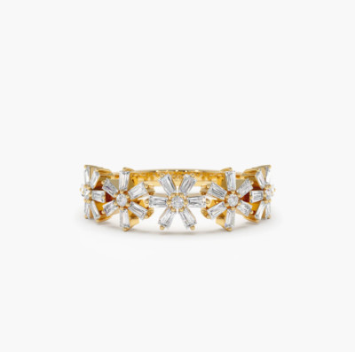 Damen Diamantring 585 Gold 14K 0.49 ct Karat VS Baguette Brillant Memory Flora