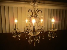 Vintage Spanish Brass Hanging 5 Arm Chandelier Light w/ Crystal Prisms & Boboche