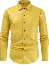 Metallic Shiny Men's Long Sleeve Button Up Shirt For Spring Fall, PartyNightclub
