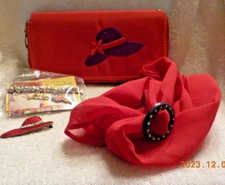 Red Hat society lot - clutch wallet/wristlet, scarf, bracelet, pin
