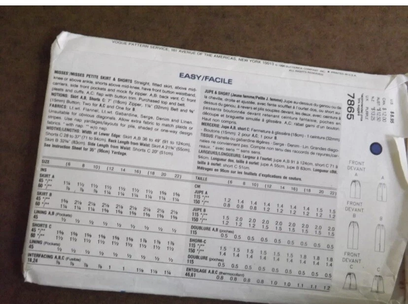 VOGUE CLASSICS EASY SEWING PATTERN 7865 MISSES SKIRT SHORTS SIZES 12-14-16 Cut - Image 2 of 2