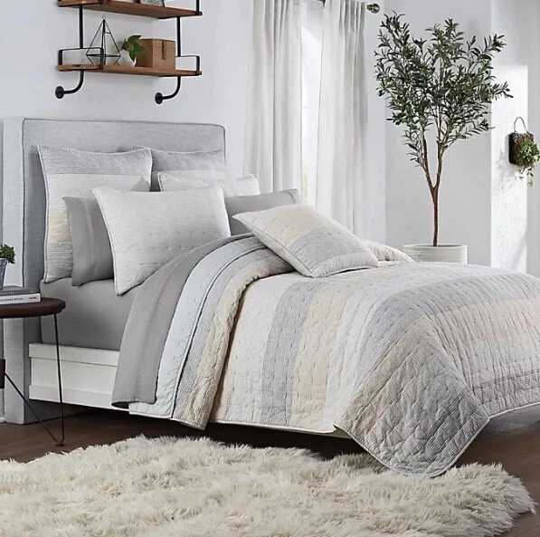 UGG Tideline Gray TAN SAND Striped Queen QUILT ONLY Coverlet