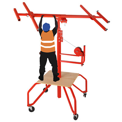 11FT Drywall Lift Panel Hoist Jack Lifter Plasterboard Sheet Rolling w/Footboard