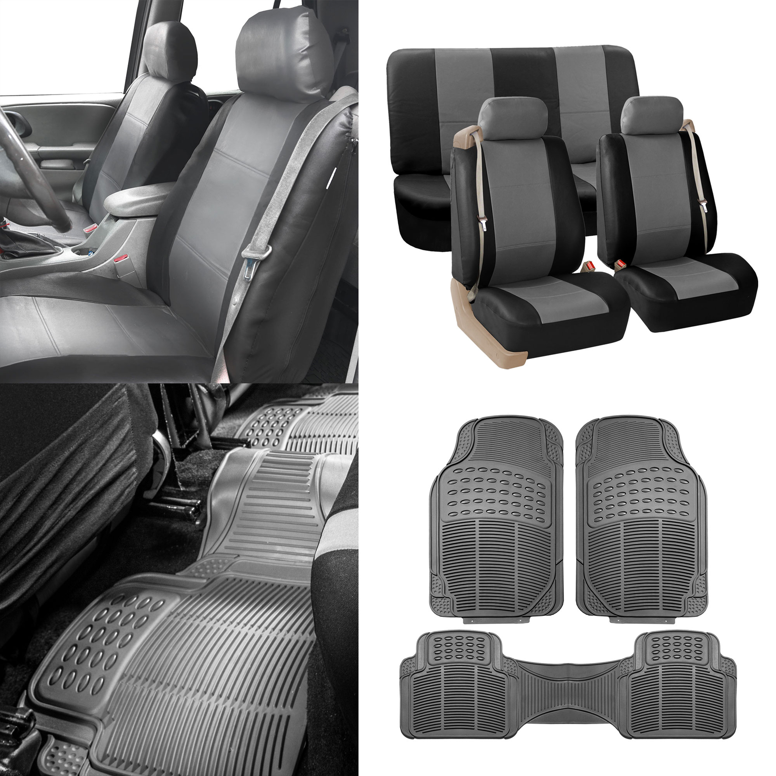 Black Gray Integrated Seatbelt SUV Truck Seat Covers w/ Gray Floor Mats