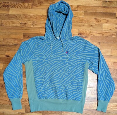 Champion Reverse Weave AOP Hoodie MED Blue Green Tiger Stripe  Sweatshirt