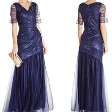 ASPEED SZ M navy blue lace ruched half sleeve asymmetric formal dress NWT B163