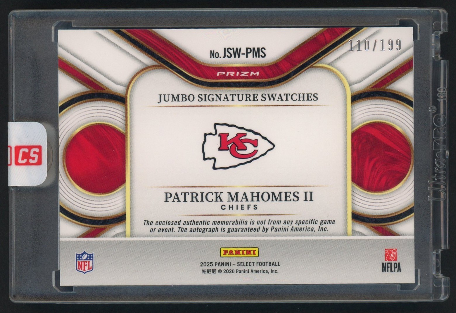 2025 Panini Select Silver Prizm Patrick Mahomes II Jumbo Patch AUTO 110/199 view 2