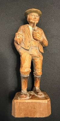 Vintage 20th Century Carved Wood Bavarian Pipe Smoker Figurine