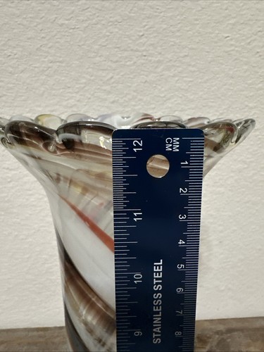 VINTAGE HAND CRAFTED 12” GLASS VASE WITH COFEE & POWDER BLUE COLOR SWIRL - Picture 7 of 9