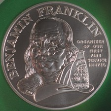 Ben Franklin Firefighters Silver Medal Proof. .999 Fine Silver