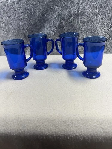 Set Of 4 Cobalt Blue Coffee Mugs Anchor Hocking Pedestal Bottom Vtg USA Made 3e