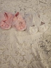 2 Pair Satin Shoes For Baby Girls 1 White/1 Pink With Rosettes Lace And Ties