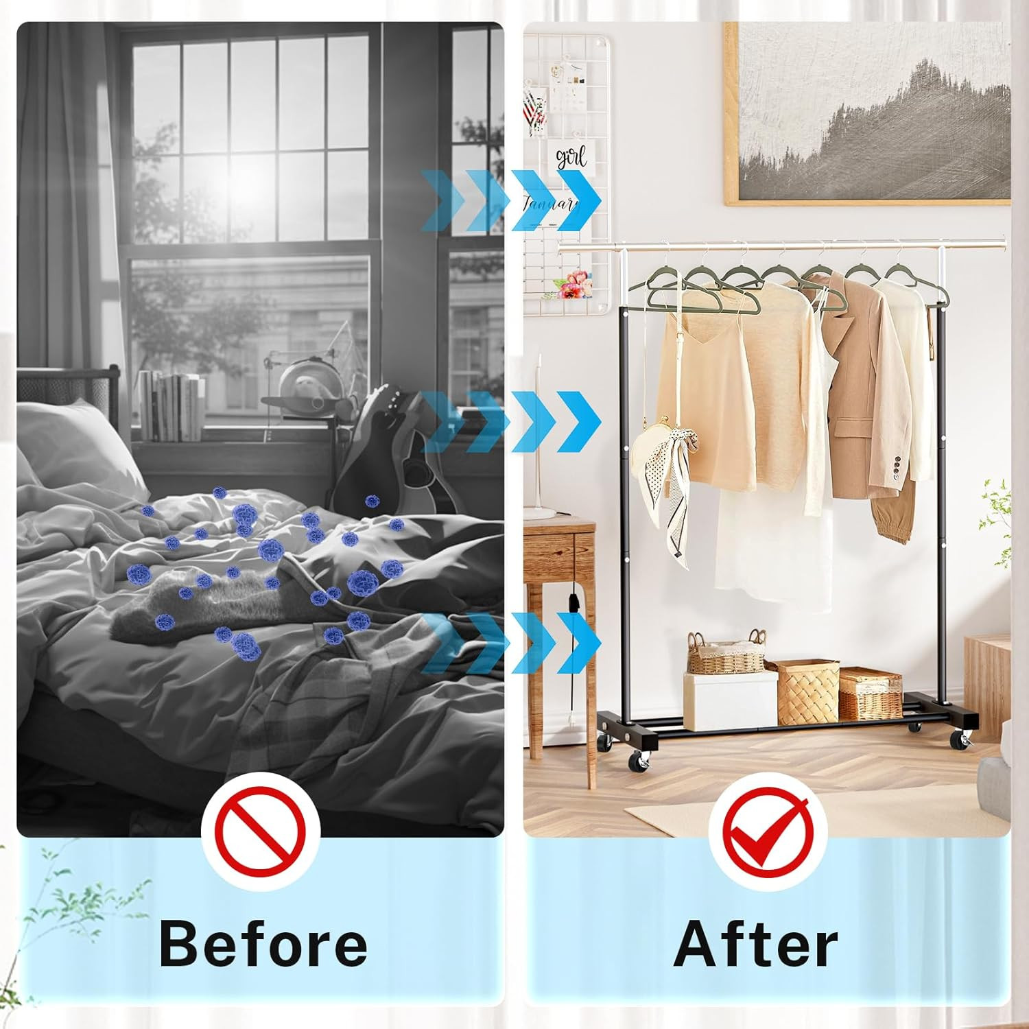 Clothing Rack, 55.51 Inch Heavy Duty Clothes Rack Rolling Garment Rack with Whee