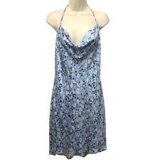 ASTR The Label Satin Slip Dress Mini Blue Floral Cowl Neck Womens XL
