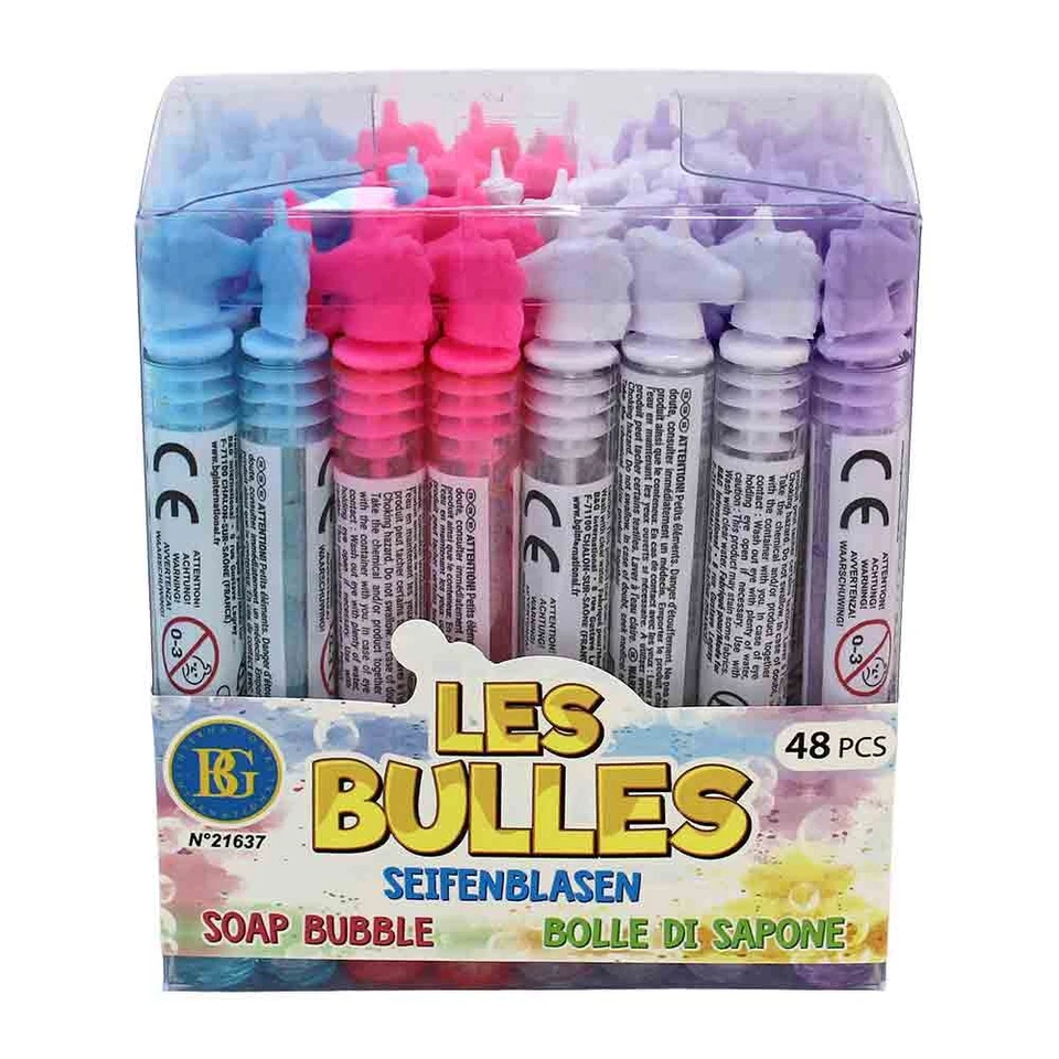 Displaybox mit 48 kleinen Seifenblasenstäben "Einhorn" Seifenblasen Kinder