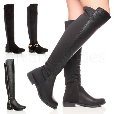 DAMEN HOHER OVERKNEES ELASTISCHER STRETCH ZUM ÜBERZIEHEN NIEDRIGER ABSATZ STIEFEL GRÖSSE