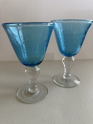 2 Teal Blue Hand Blown Martini Glasses. Unbranded . Ex Condition No Chips