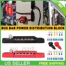 12 Point Busbar Bus Bar Power Distribution Block 180A 12V DC Black & Red Pair US