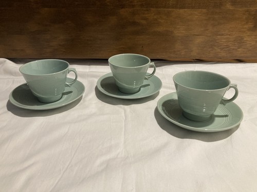 3 Woods Beryl Ware Cups And Saucers Green Utility Ware Mid Century - Picture 1 of 16