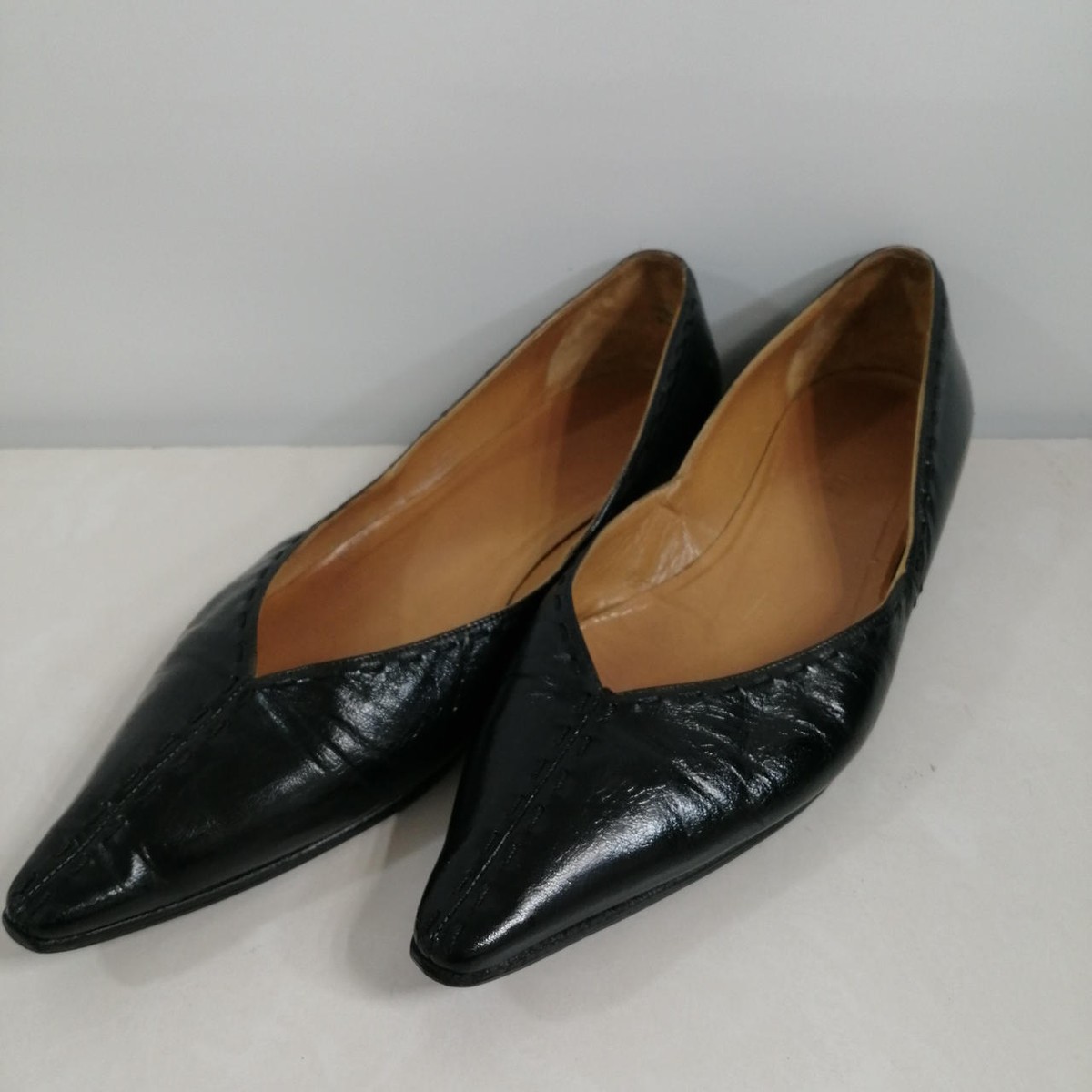 HERMES Pumps Shoes Low Heel Pointed Toe Black Leather Ladies