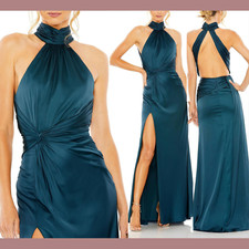 NEW $398 IEENA Mac Duggal [ 10 ] Open Back High Neck Side Ruched Gown Ocean Q886