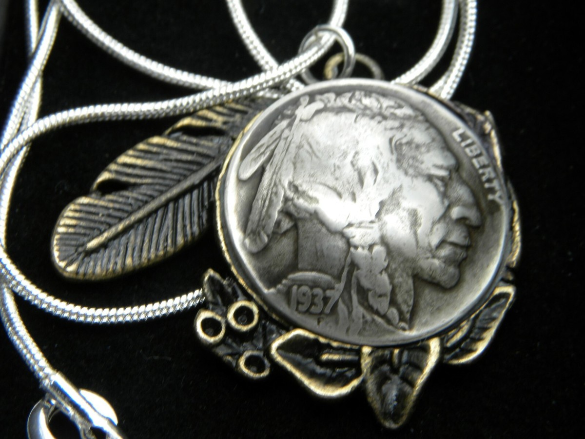 Necklace pendant authentic 1937 Buffalo Indian coin feather nice gift for  her