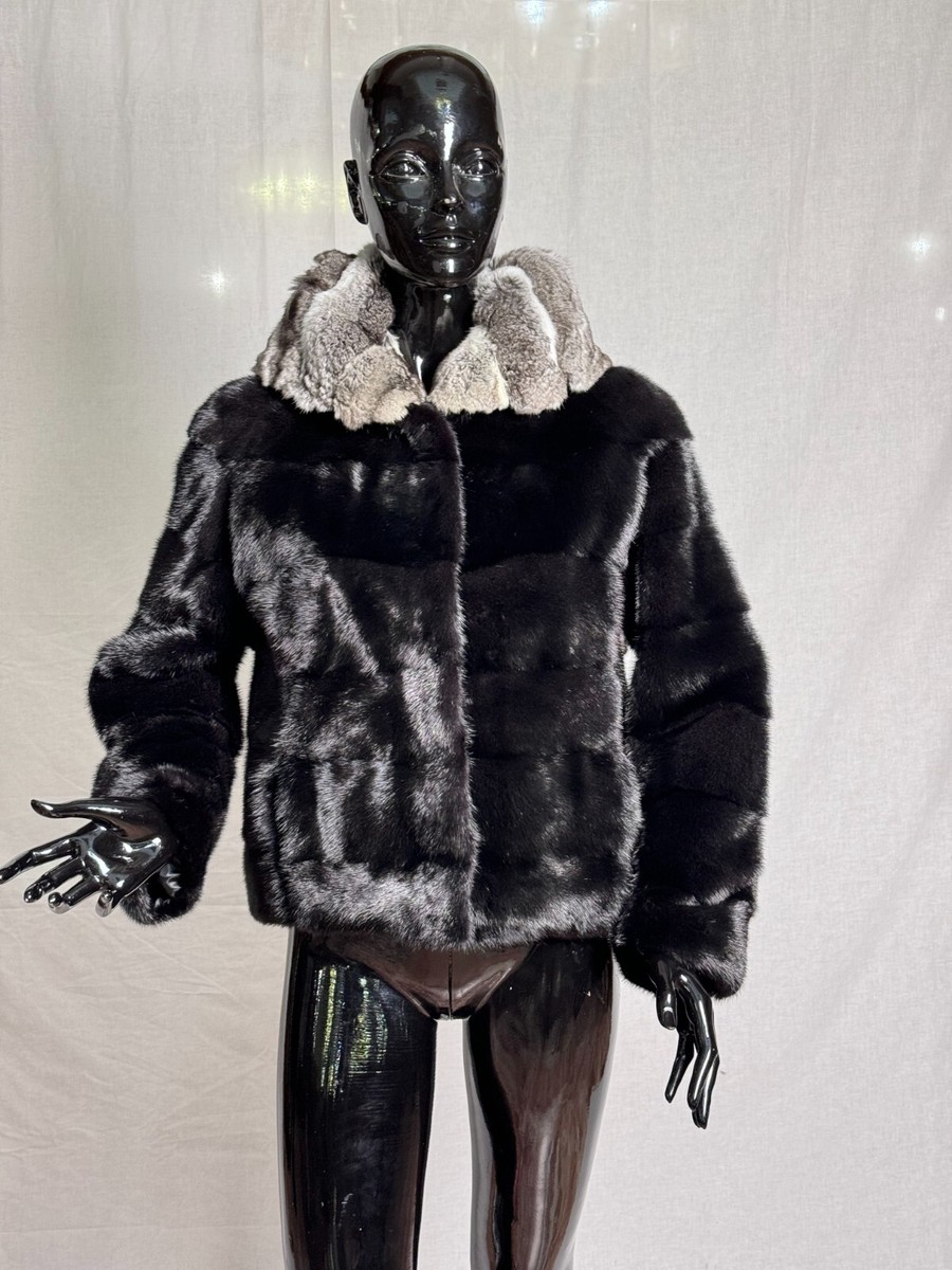 real fur mink black short jacket with chinchilla hood | eBay