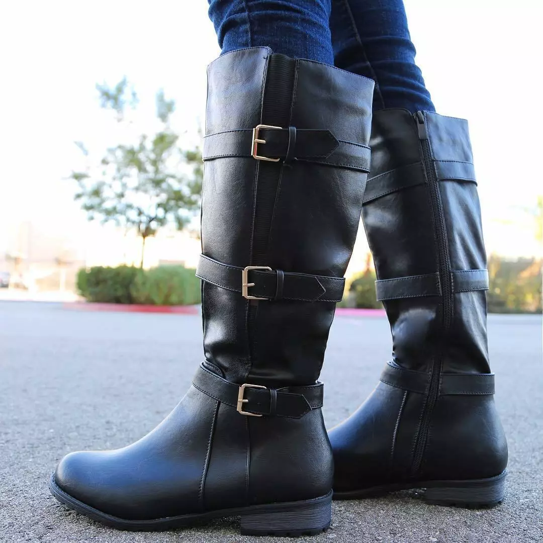 New Buckle Knee High Motorcycle Riding Boots Elastic Gore Lug Sole Low Flat Heel