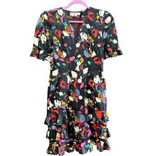 Vintage Diane Dickinson Black Floral V-Neckline Short Sleeves Mini Dress Size 6