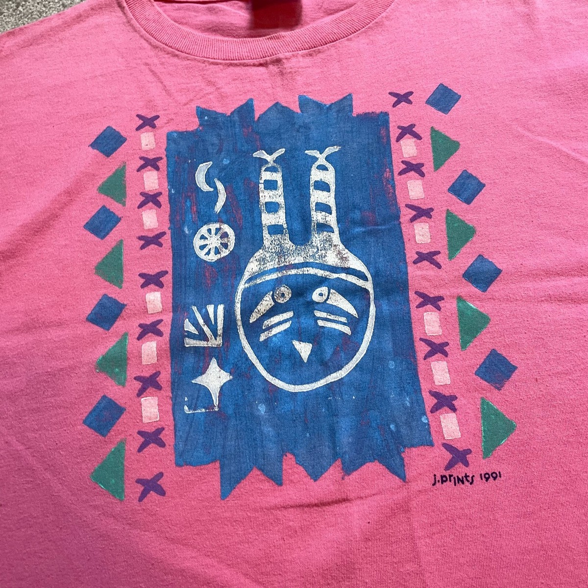 Vintage Art Shirt Women OS Petroglyph Cave Art Tribal Aztec Mask