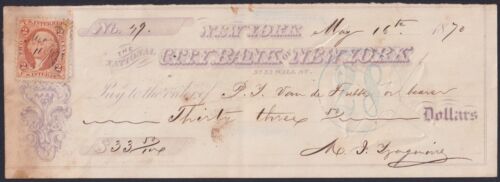 E6504 US USA 1870 CITY BANK OF NEW YORK BANK CHECK + REVENUE STAMPS. - Bild 1 von 1