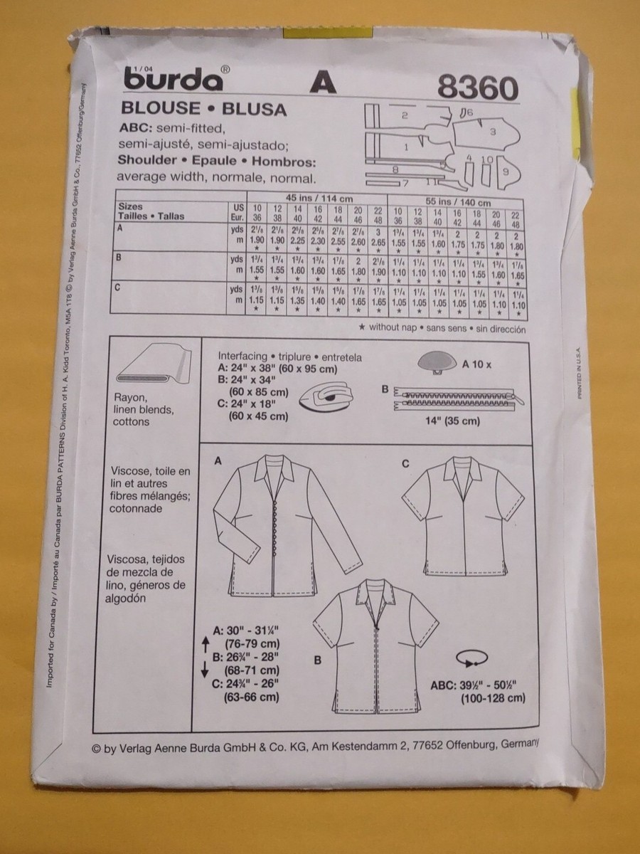 Patron De Couture Burda N°8360 - Tunique Boutonnée à Zip - Tailles 38 à 50 - Neuf