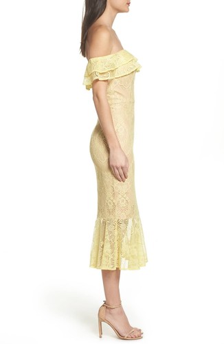 JARLO Yellow Lemon Floral Nude Sheer Lace Ruffle Off Shoulder Midi Dress 4 US S - Picture 3 of 6