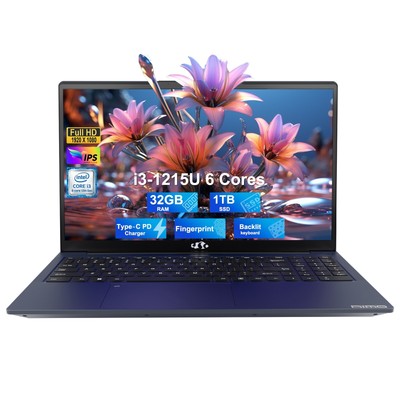 NIMO 15.6 Laptop, i3-1215U, 32GB RAM 1TB SSD Backlit KB Fingerprint Blue