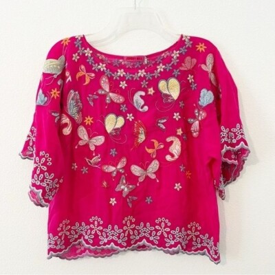 JOHNNY WAS Bellona Blouse Floral Butterfly Embroidered Rayon Top Pink XXS NWT