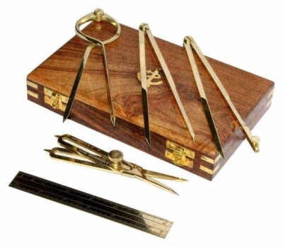 Nautical Brass Navigational tools proportional compass divider ruler & wooden bo